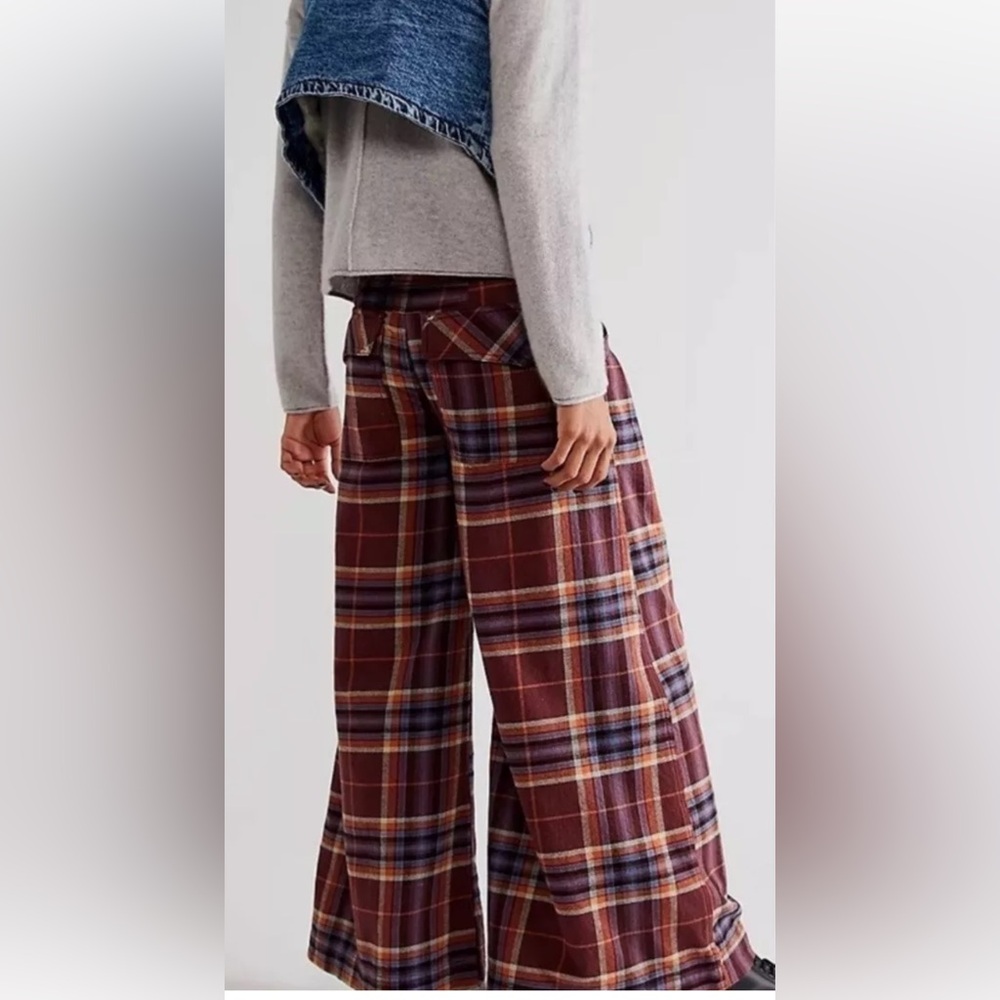 Free People Out Of Touch Extreme Plaid Pants Wide Leg Wine Brown - Picture 2 of 4